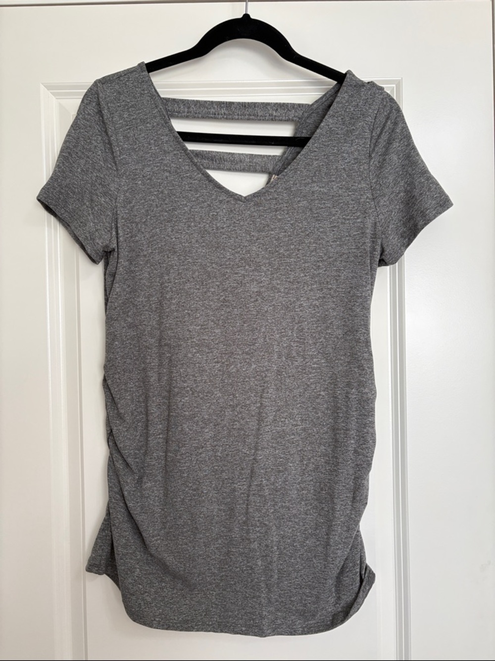 Grey Short Sleeve V-Neck Tee with Back Strap Detail